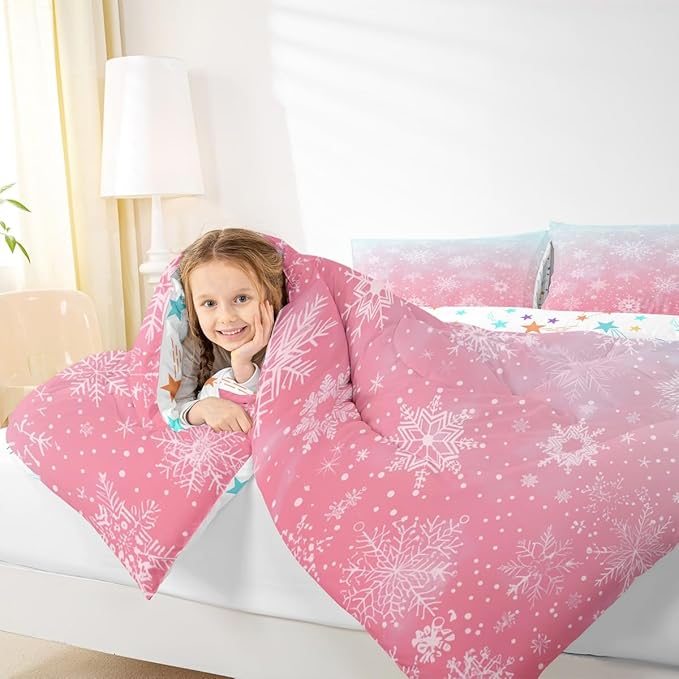Feelyou Christmas Comforter Set Toddler Size Winter Snowflake Bedding Set for Kids Boys Girls Blue Pink Gradient Duvet Quilt Bedroom Decor Microfiber 2 Pcs with 1 Pillow Cases