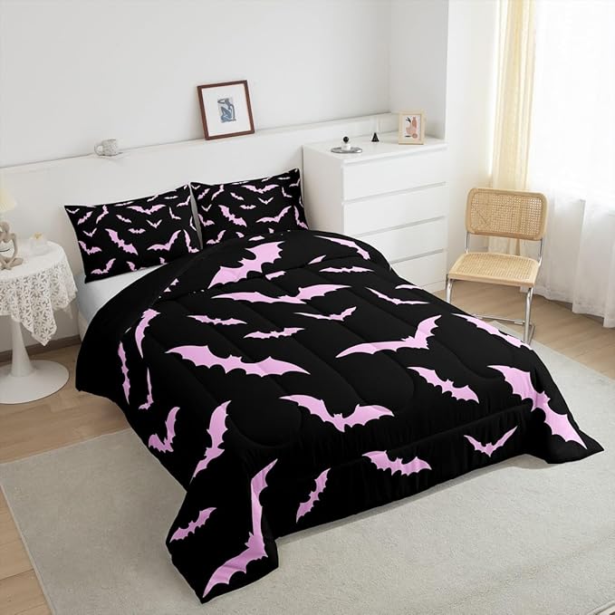 Erosebridal Halloween Bedding Set Queen Size for Kids Boys Youth Pink Bats Comforter Set Happy Holiday Gothic Quilt with 2 Pillow Cases Spooky Animal Bedding Comforter Sets