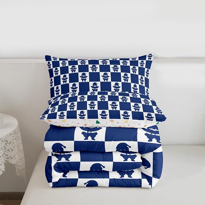 Feelyou Christmas Comforter Set Full Size Checkered Bedding Set for Kids Boys Girls Santa Claus Duvet Quilt Xmas Decorations Bedroom Decor Blue Microfiber 3 Pcs with 2 Pillow Cases
