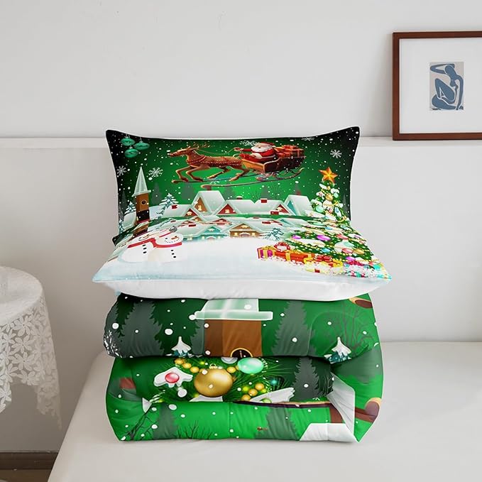 Manfei Christmas Comforter Set Full Size, Snowman Xmas Tree Quilt Set with 2 Pillowcases, Santa Claus with Deer Bedding Set 3pcs for Kids Boys Girls Room Decor New Year Theme Duvet Insert