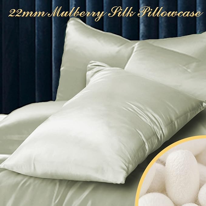 100% Mulberry Silk Pillowcase 2 Pack for Hair and Skin,with Hidden Zipper,Both Sides 22 Momme Natural Silk Pillow Cover,Soft Breathable & Smooth (Matcha, Standard)