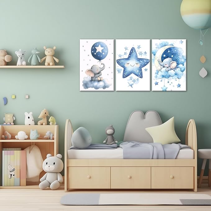 Nursery Canvas Wall Art Elephant Pictures Wall Decor Moon and Stars Painting Baby Boy Prints Cute Animal Poster Artwork for Kids Room Bathroom Decor Framed(Baby-1,20L x 28W x 3Pcs)