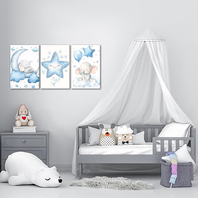 Nursery Wall Art Baby Boy Wall Decor Blue Elephant Moon and Stars Painting Prints Cute Animal Canvas Poster for Kids Room Decor Framed(Baby-2,20L x 28W x 3Pcs)