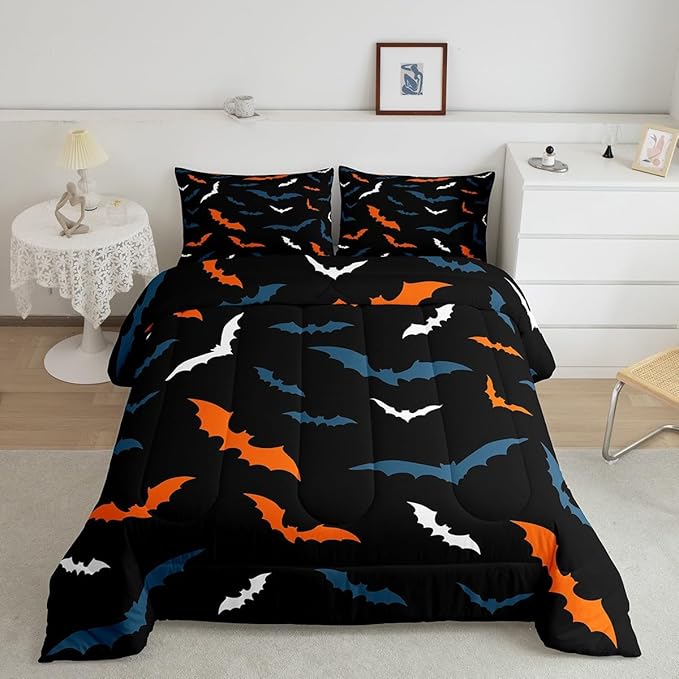 Erosebridal Bat Bedding Set for Kids Adults Boys Girls Happy Halloween Comforter Set Queen Size Gothic Spooky Quilt Orange Bats Duvet Insert with 2 Pillow Cases