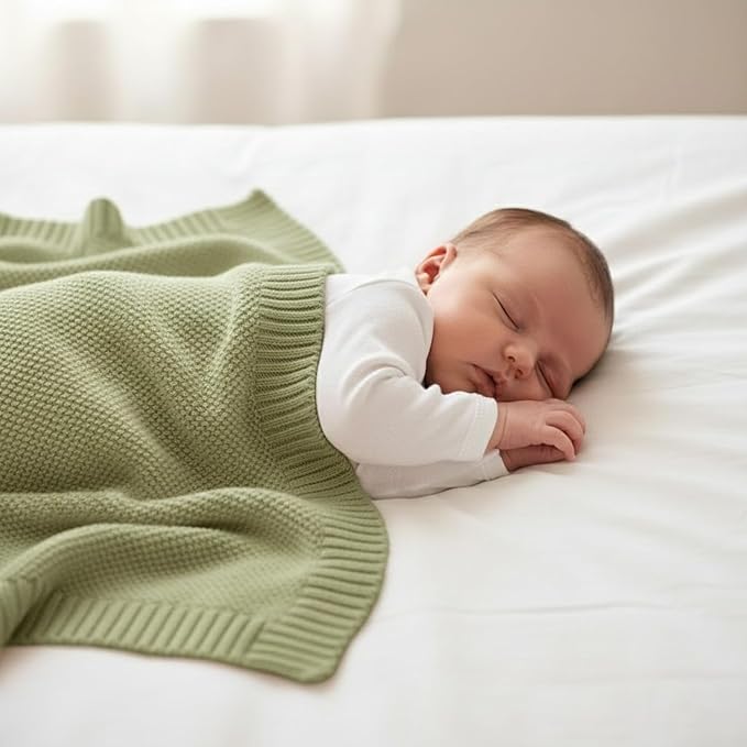 Baby Knit Blanket Soft Cotton Lightweight Newborn Blanket for Crib Stroller Toddler Nursery Shower Gift Cozy Breathable Travel Swaddle Wrap Sage Green 30 x 40 Inches