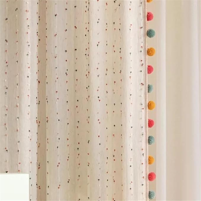 Boho Rainbow Sheer Curtain with Colorful Pom Pom Voile Drapes Light Filtering Faux Linen Stripe Pompom Rod Pocket Window Drapes for Boys /Girls Bedroom/Nursery 2 Panels (W52 X L84 Inch-2PCS,White)