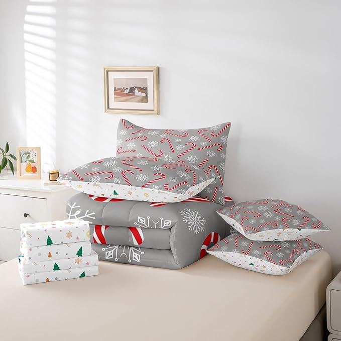 Erosebridal Xmas Candy Cane King Bedding Set 7 Piece,Merry Christmas Bed in A Bag for Kids Boys Girls,Winter Snowflake Comforter Set Grey Christmas Ornaments Sheet Set with Comforter