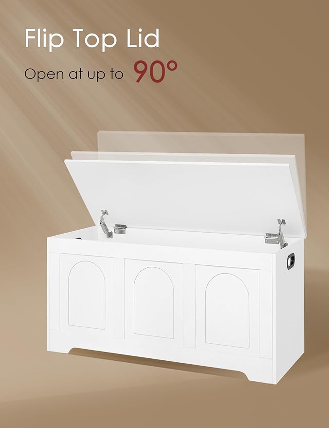 DINZI LVJ Storage Chest, 39.4” Wooden Toy Box with 2 Safety Hinges, Entryway Shoe Bench with Flip-Top, Sturdy Large Storage Trunk for Living Room, Bedroom, Playroom, Easy Assembly, White