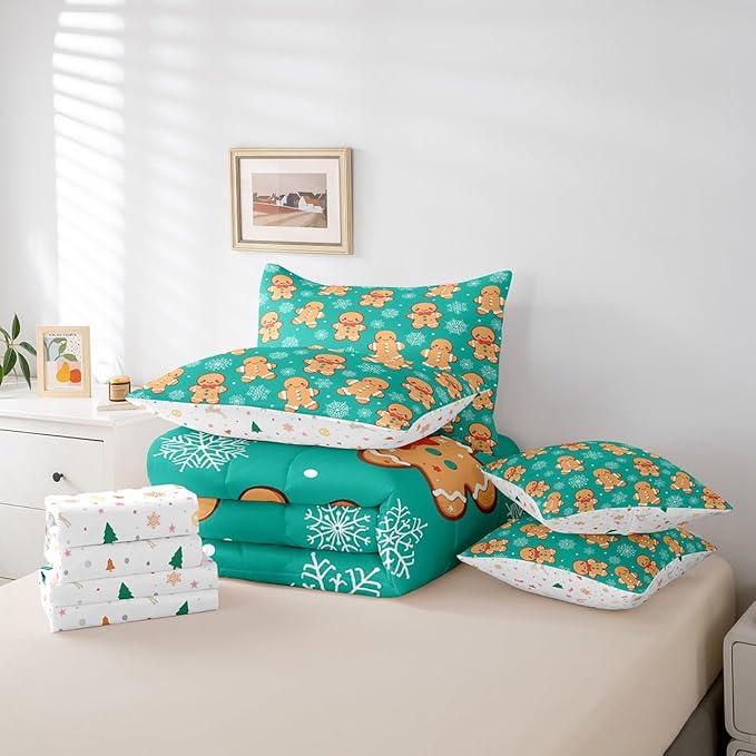 Erosebridal Christmas Gingerbread Full Bedding Set 7 Piece,Cute Gingerbread Man Bed in A Bag for Kids,Xmas Snowflake Comforter Set Kawaii Xmas Sheet Set with Comforter,Green Christmas Decoration
