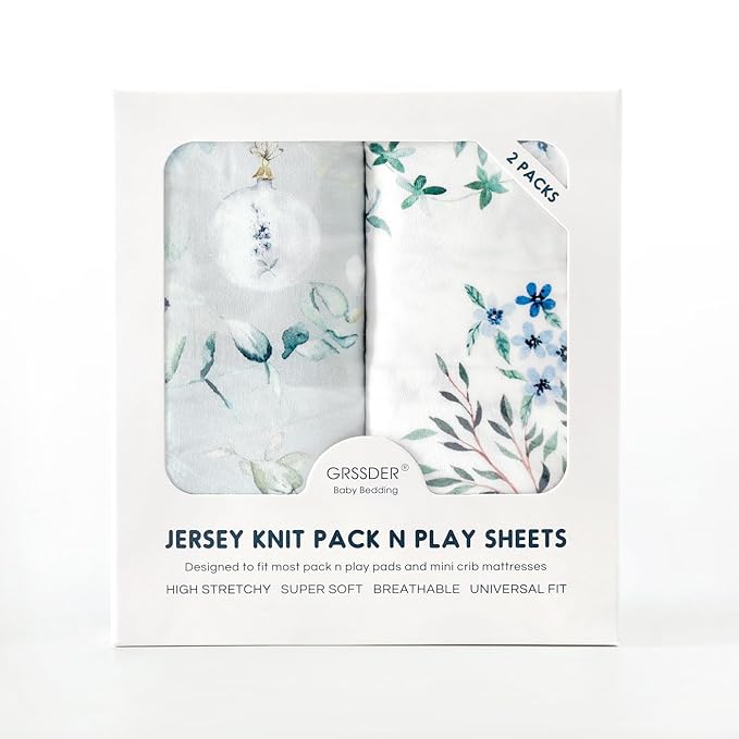 Pack n Play Sheets Fitted 2 Pack, Stretchy Ultra Soft Jersey Knit Pack and Play Sheets, Universal Fitted Portable/Mini Crib Mattresses Snug and Safe, Stylish Print