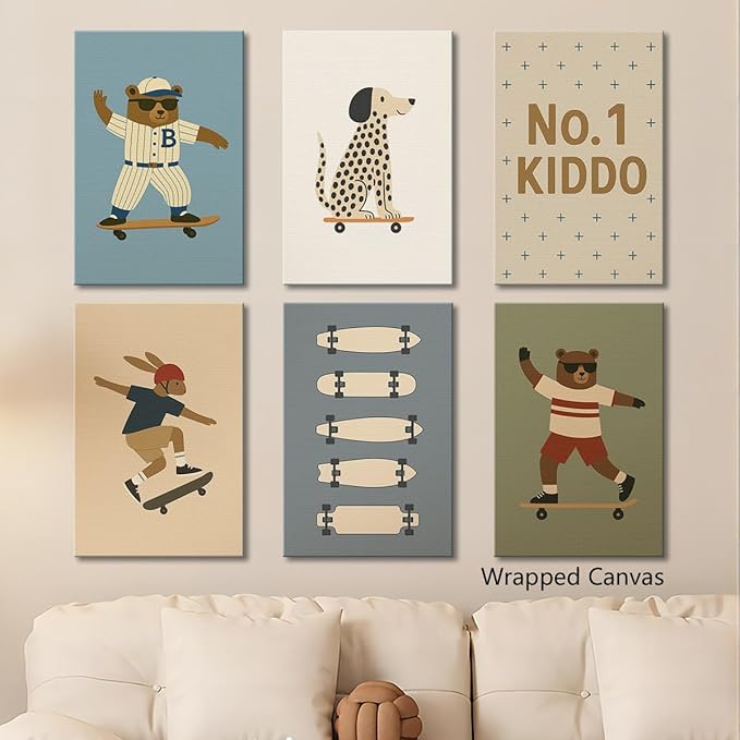 Skateboard Canvas Wall Art, Nursery Animal Sports Posters, Fashion Sunglasses Bear Athletes Pictures, No.1 Kiddo Inspirational Quote Print, Funny Skateboard Rabbit Dog Painting 12x16in Framed