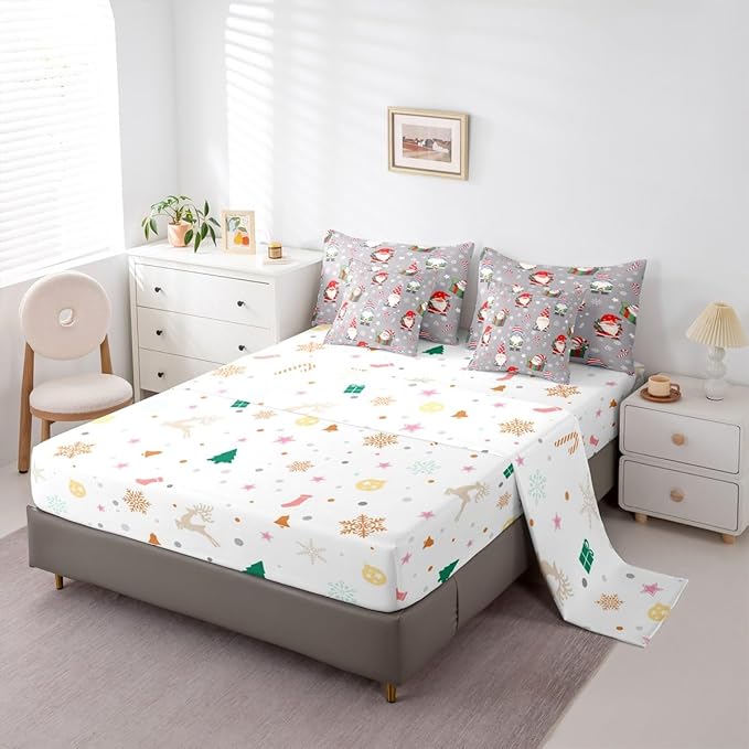 Christmas Gnomes Comforter Set With Sheets 7 Piece Queen Size Cute Snowflakes Candy Bedding Set for Kids Boys Girls Grey Bed in a Bag Reversible Xmas Decor Room Decor Soft Lightweight Microfiber