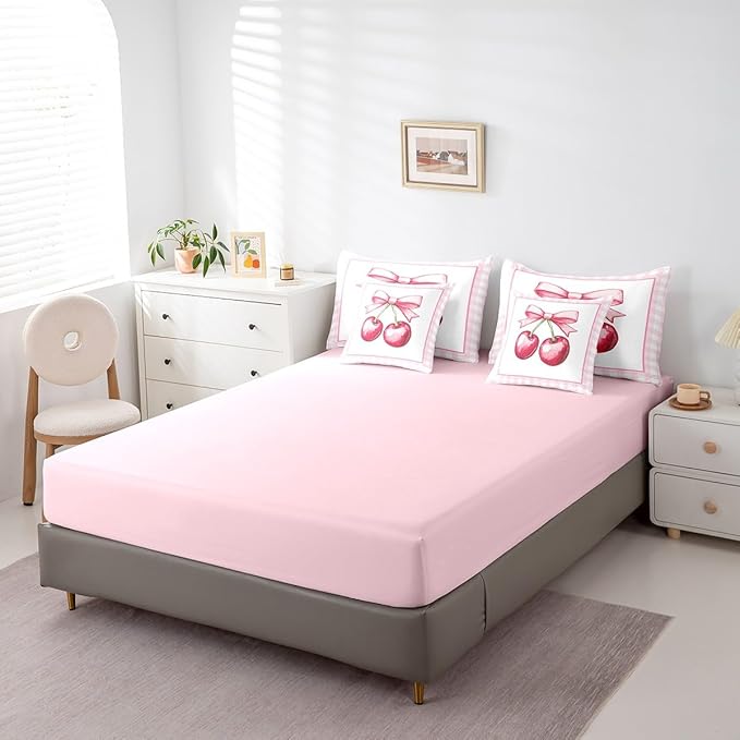 7 Pieces Cherry Bowknot Kids Comforter King,Geometric Plaids Grids Patchwork Fashion Bedding Set,Bow Tie Princess Dreamy Pink Cute（Comforter+Fitted+Flat Sheet+2 Pillowcases+2 Throw Pillow Covers）