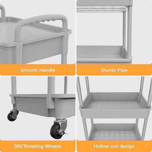 3 Tier Rolling Utility Cart with Drawer,REBECAT Utility Cart Made of Multifunctional Storage Organizer Tool for Kitchen,Bathroom,Living Room,Office(Gray)