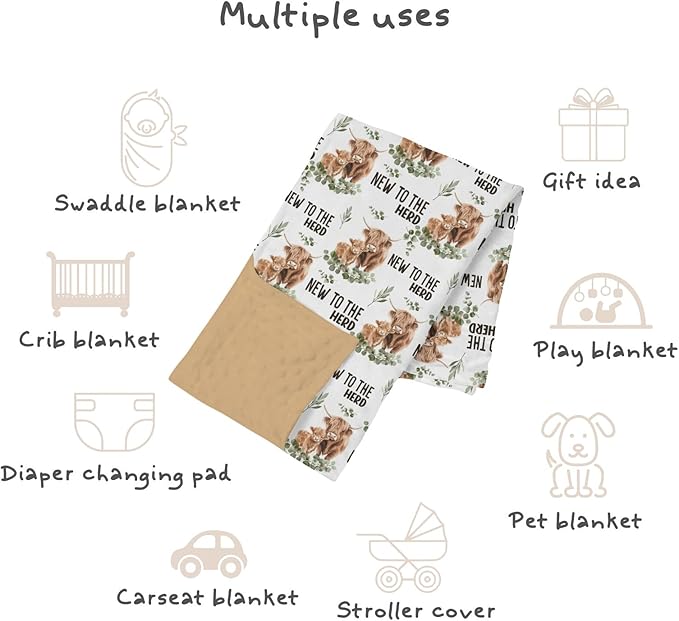 Highland Cow Baby Blankets for Boys Girls 30 x 40, Eucalyptus leaf Soft Double Layer Minky Blanket with Dotted Fleece Back, Nursery Bed Receiving Quilt for Newborn Infant Toddler Shower Gift