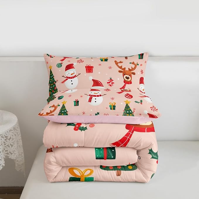 Feelyou Christmas Comforter Set Twin Size Snowman Bedding Set for Kids Boys Girls Deer Xmas Tree Duvet Quilt New Year Gift Bedroom Decor Snowflake Microfiber 2 Pcs with 1 Pillow Cases