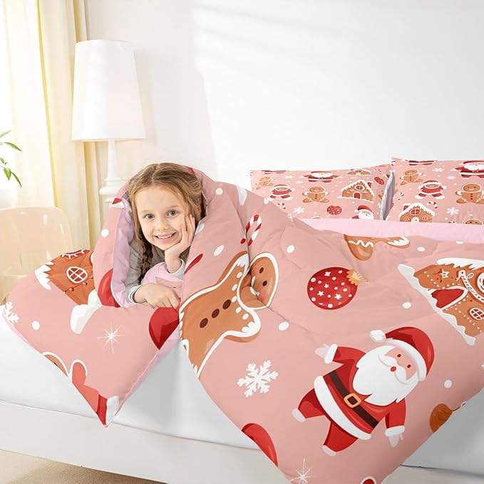 Feelyou Christmas Kids Comforter Set Queen Size Santa Bedding Set Gingerbread Man Duvet Quilt for Kids Boys Girls Bedroom Snowflake Decor Microfiber Ultra Soft Breathable