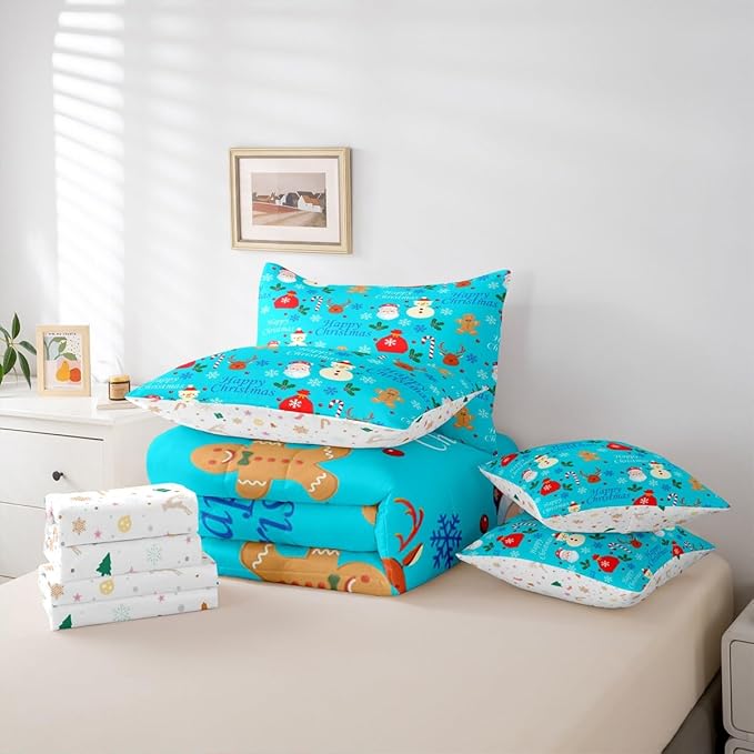 Christmas Deer Comforter Set With Sheets 7 Piece Queen Size Cute Gingerbread Man Bedding Set for Kids Boys Girls Christmas Santa Claus Bed in a Bag Reversible Xmas Decor Room Decor Soft Lightweight