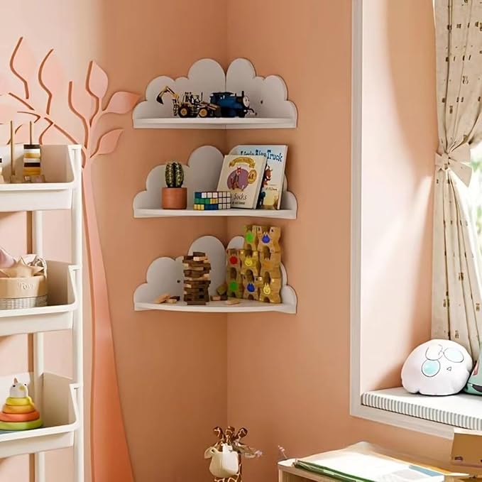 Cloud Wall Shelf Set of 3 Corner Hanging Shelf Nursery Book Shelf, Scalloped Design, Safe and Non-Toxic Sheet Wall-Mounted Background for Kids Bedroom, Toddler Room, Baby Room Decor
