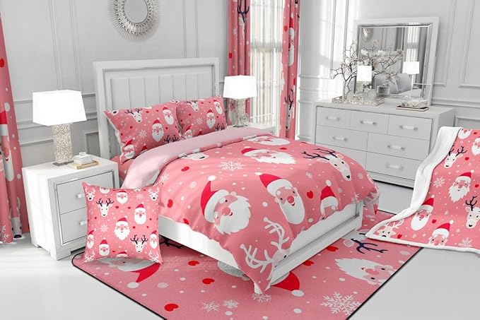 Feelyou Christmas Comforter Set All Season Santa Deer Bedding Set with 2 Pillow Cases Snowflake Microfiber Kids Queen Bedclothes Bedroom Decor Duvet Quilt Breathable Soft Lightweight