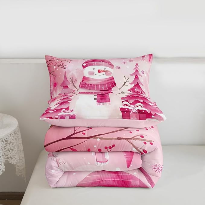 Feelyou Pink Christmas Comforter Set Full Size Snowman Bedding Set for Kids Boys Girls Cute Snowflake Duvet Quilt Merry Christmas Tree and Snowman Room Decor 3 Pcs with 2 Pillow Cases