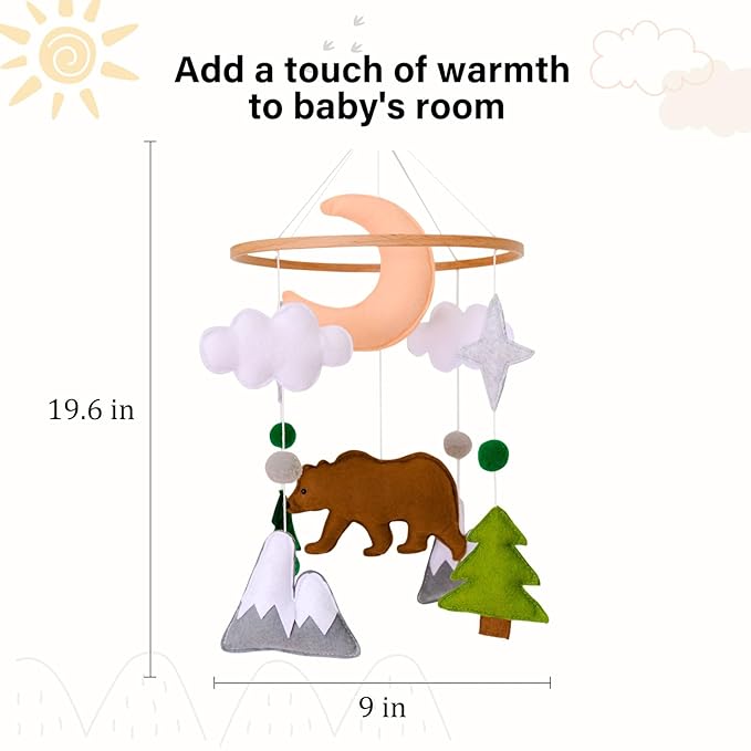 Woodland Baby Mobile, Woodland Mobile for Crib, Bear Crib Mobile for Boys, Nursery Mobile for Bassinet, Pack and Play, Bear Cloud Moon Star Mobile, Mountain Nursery Decor