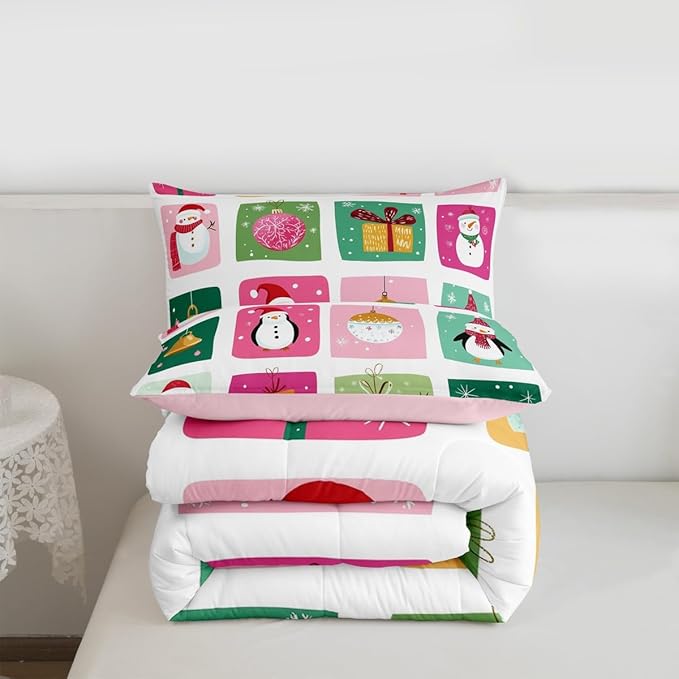 Feelyou Happy New Year Bedding Set Soft for Boys Girls, Christmas Decor Comforter Set Queen Size Merry Christmas Duvet Quilt Microfiber Winter Penguin Bedroom Decor 3 Pcs with 2 Pillow Cases