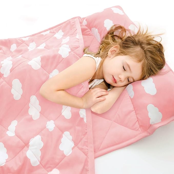 Biloban Toddler Nap Mat with Pillow and Blanket, Cot Nap Mats for Standard Daycare Preschool, Portable Sleeping Bag for Kids, Super Soft Cozy, Pink Cloud, 52" x 23"