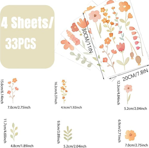 33Pcs Boho Floral Wall Decor Decals Removable Pink Watercolor Wildflower Stickers for Nursery, Girls Room, Dorm and Headboard Art