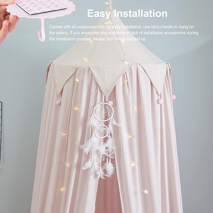 Bed Canopy for Girls, Round Dome Hanging Canopy for Baby Brib Kids Bed Room Decor Reading Nook Indoor Outdoor Playing Castle (Light Pink)