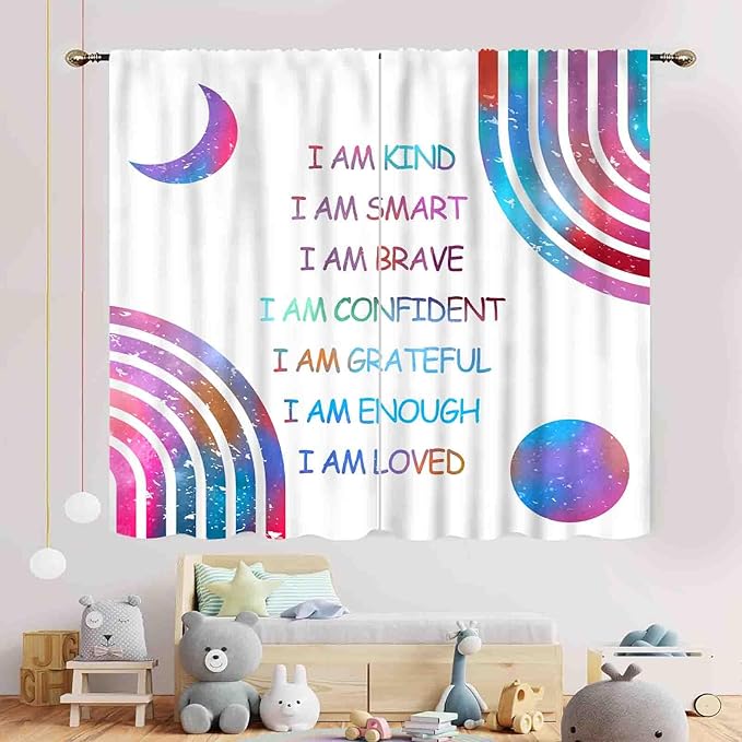 Rainbow Curtains for Girls Bedroom, Boho Rianbow Quotes Inspirational Motivational Positive Colorful Pastel Green Window Drapery for Baby Kids Living Room Toddler Nursery Classroom, 42"x63" Inch