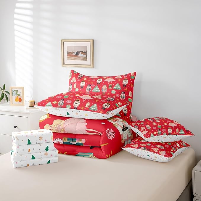 Erosebridal 7Pcs Red Christmas Comforter Set Queen Size,Christmas Nutcracker Bedding Set,Girly Dreamy Princess Bed in A Bag,Xmas Pine Tree Snowflake Quilt with Flat Fitted Sheet,Red
