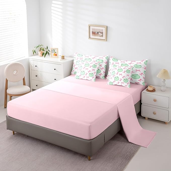 7 Pieces Pink Bowknot Comforter Set King,Cartoon Frog Bow Tie Butterfly Knot Princess Bedding Set,Geometric Patchwork Cute Sweet（Comforter+Fitted+Flat Sheet+2 Pillowcases+2 Throw Pillow Covers）