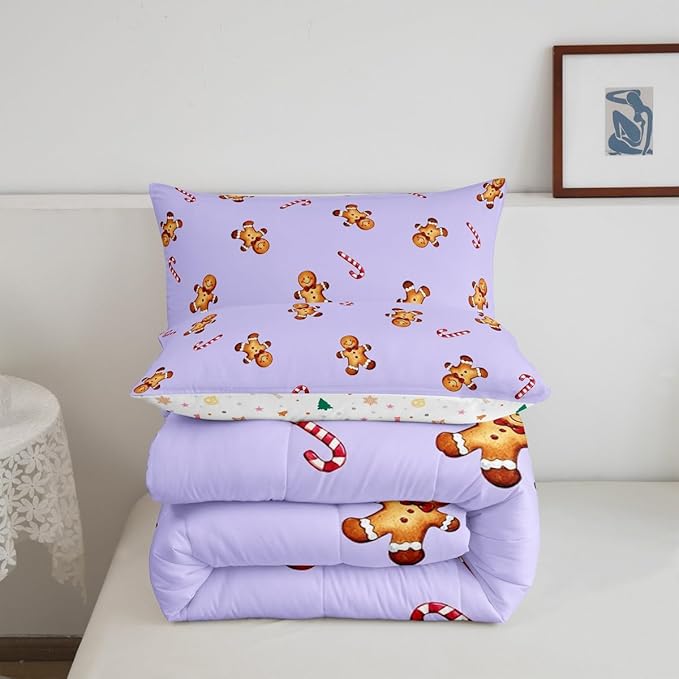 jejeloiu Kids Cute Gingerbread Man Comforter Set Full Size Christmas Theme Bedding Set for Boys Girls Teens Xmas Candy Cane Happy New Year Purple Duvet Quilt Room Decor