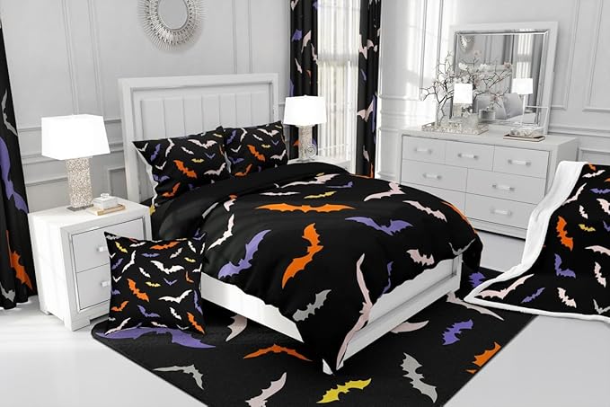 Erosebridal Bat Quilt Halloween Bedroom Decor Bedding Set King Size for Kids Teens Adults Bedroom Purple Gothic Bat Comforter Set with 2 Pillow Cases,Spooky Duvet Insert