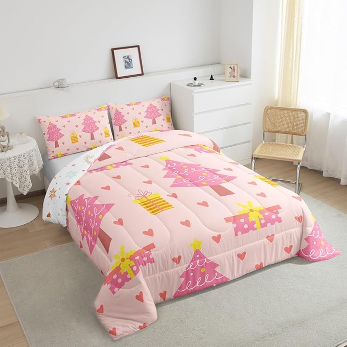 Erosebridal Merry Xmas Quilts Full Size Pink Christmas Tree Comforter Set Reversible Cartoon Style Bedding Set Happy New Year Duvet Insert for Boys Kids Bedroom Decor with 2 Pillow Cases