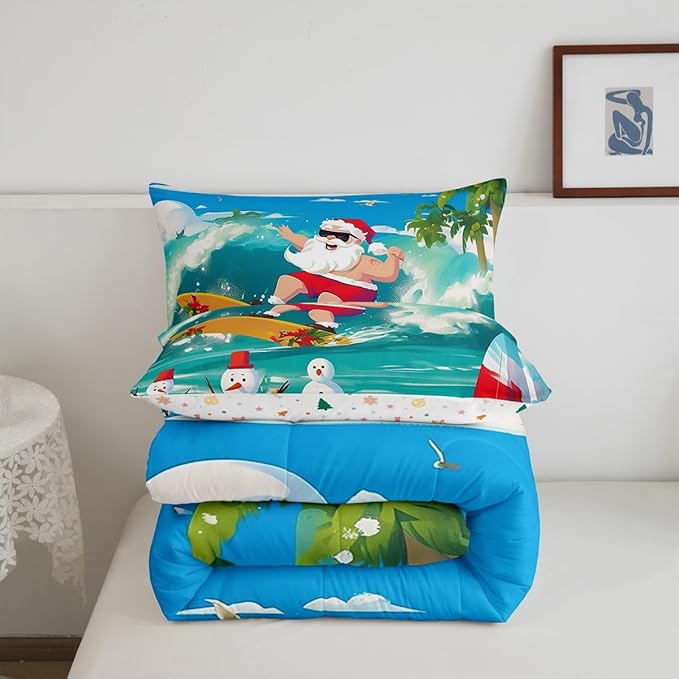 Manfei Christmas Comforter Set Queen Size, Santa Claus Surfing Theme Bedding Set for Kids Boy Girl Room Decor, Beach Snowman Down Comforter for All Season, Soft Polyester Quilt Set, 2 Pillowcases