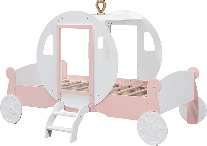 Twin Size Princess Carriage Bed Frame for Boys Girls Kids Toddler with Crown, Wood Platform Car Bed with Stair, White+Pink