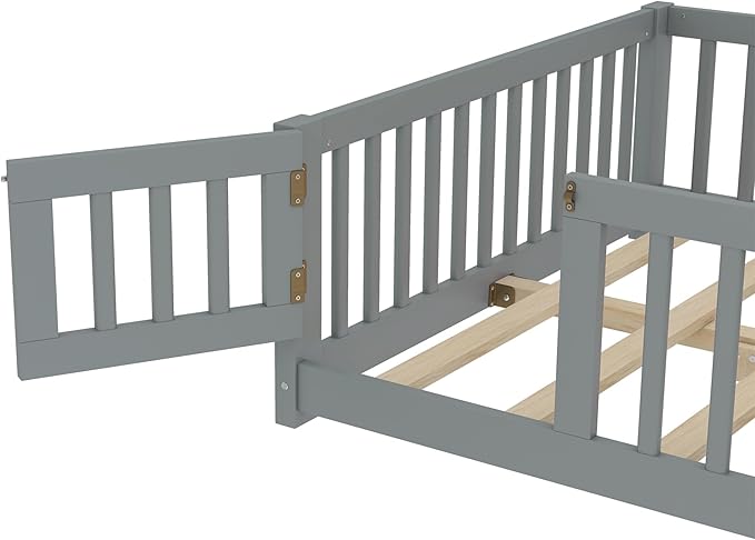 Bellemave Full Size Floor Bed with Rails for Kids, Girls, Boys, Pine,Plywood Floor Bed with slats and Door, Grey