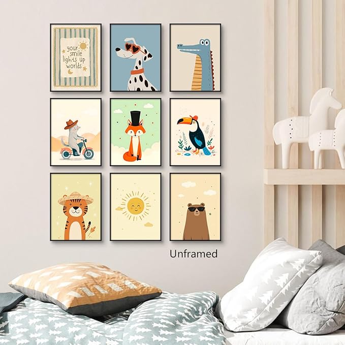 9 Pieces Nursery Animals Canvas Wall Art, Kids Room Fashion Sunglasses Dog and Bear Poster, Cute Crocodile Fox Cat and Lion Picture, Warming Sunshine Print for Baby Bedroom Playroom 12x16in Unframed