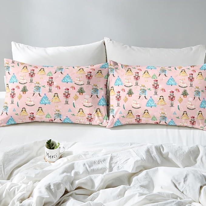 Christmas Nutcracker Decorative Comforter Cover Twin Size Cartoon Mouse Soldier Royal Guarder Princess Duvet Cover Xmas Pine Tree Snowflake Bedding Set Gifts for Kids Boys Girls 1 Pillow Case Pink