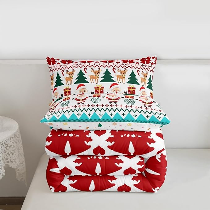 Feelyou Merry Christmas Bedding Set Soft for Boys Girls, Santa Claus Comforter Set Twin Size Cute Deer Duvet Quilt Microfiber Snowflake Bedroom Decor 2 Pcs with 1 Pillow Cases