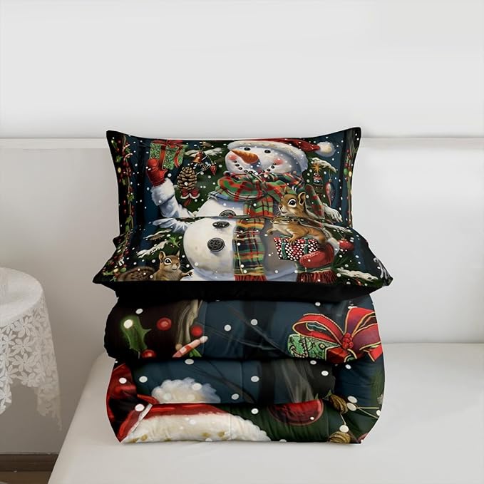 Feelyou Christmas Kids Comforter Set Queen Size Snowman Squirrel Bedding Set Snowflake Gift Duvet Quilt for Kids Boys Girls Bedroom Branch Berry Decor Microfiber Ultra Soft Breathable