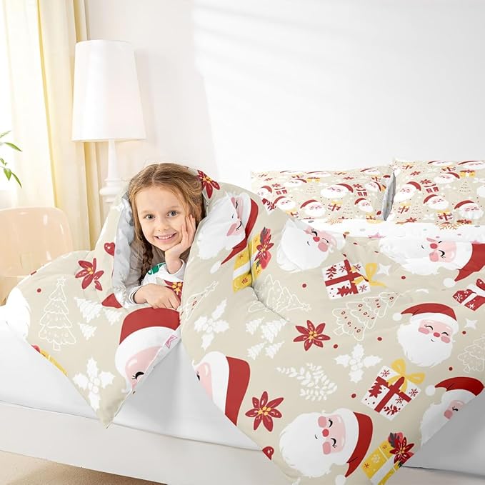 jejeloiu Santa Claus Comforter Set Toddler Size Merry Christmas Bedding Set for Kids Boys Girls Xmas Themed Duvet Quilt Beige Bedroom Decor