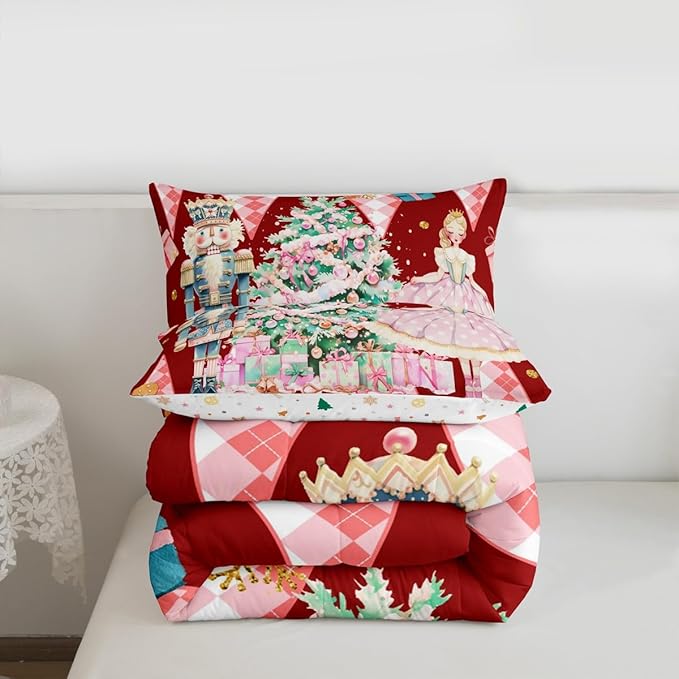 jejeloiu Christmas Nutcracker Comforter Set Toddler Size Gingerbread Man Bedding Set for Kids Boys Girls Xmas Tree Duvet Quilt Red Bedroom Decor