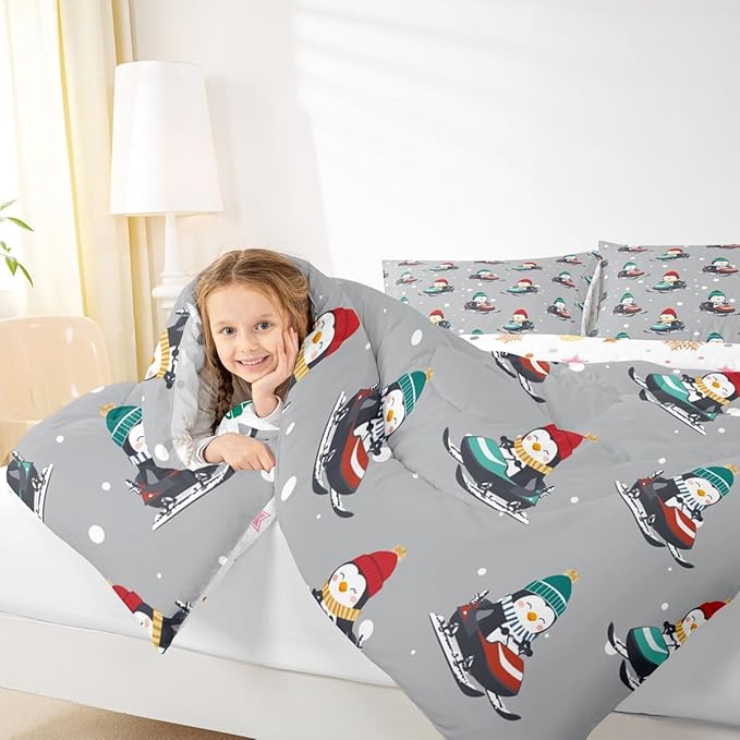 Feelyou Christmas Comforter Set All Season Gray Penguin Bedding Set with 2 Pillow Cases Cartoon Penguin Skiing Microfiber Kids Queen Bedclothes Snowflake Bedroom Decor Duvet Quilt Breathable Soft