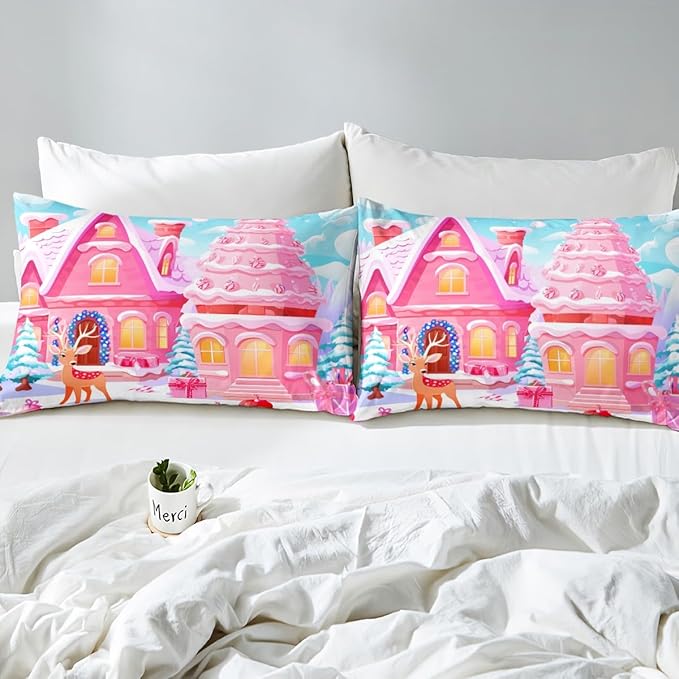 Feelyou Christmas Pink Comforter Cover Set Cute Deer Print Bedding Set Toddler Size for Kids Boys Girls Bedroom Bed Decor Xmas Christmas Duvet Cover Soft Bedspread Cover,No Comforter