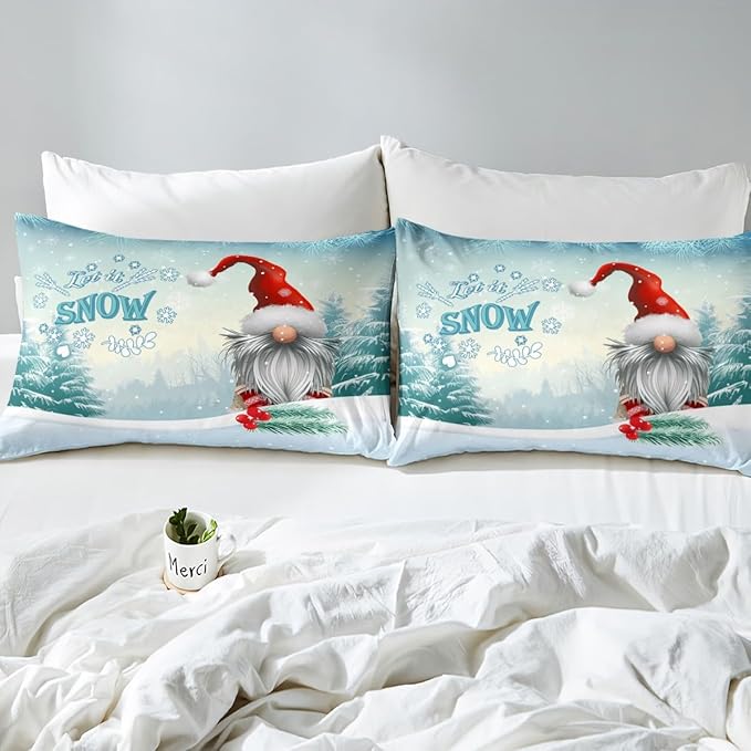 Manfei Winter Duvet Cover Set King Size, Christmas Gnomes Bedding Set 3pcs for Kids Boys Girls Bedroom Decor, White Snowflake and Trees Print Xmas Comforter Cover with 2 Pillowcases,No Comforter