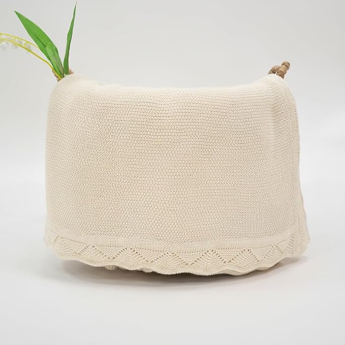 Baby Knit Blanket Soft Breathable Cotton Scallop Border Blankets Newborn Knitted Blanket Swaddle Blankets Gifts for Baby Newborn Toddler Shower Boy Girl New Mom Birthday Christmas Cream 28x36
