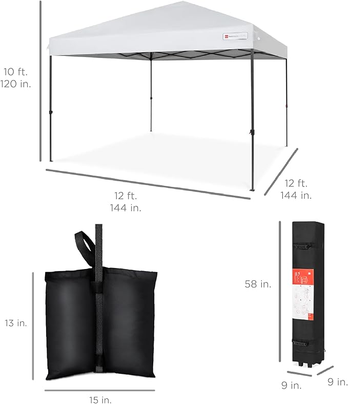 Best Choice Products 12x12ft 1-Person Setup Pop Up Canopy Tent Instant Portable Shelter w/ 1-Button Push, Case, 4 Weight Bags - White